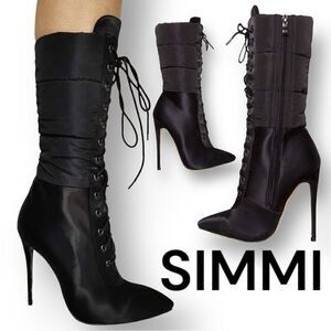 Simmi London Puffer Black Mid-calf Stiletto Boots Zip & Lace Sz 9